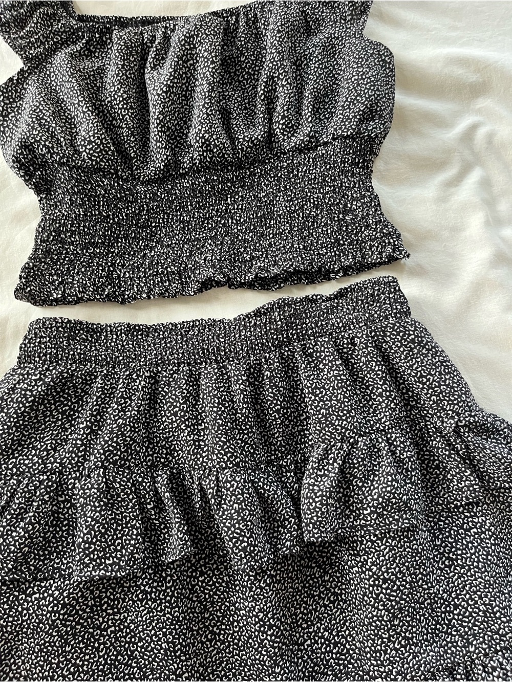Altar'd State Black Microdot Ruffle Smocked Mini Skirt Set - Picture 2 of 4